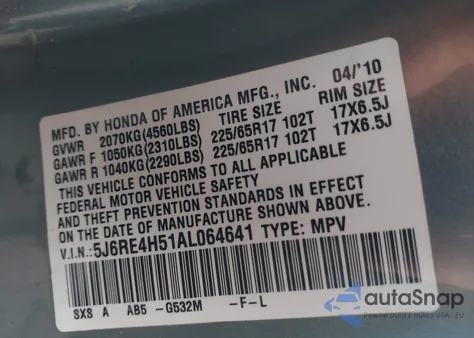 2010 Honda Cr-V Ex из США, поврежденный, VIN 5J6RE4H51AL064641